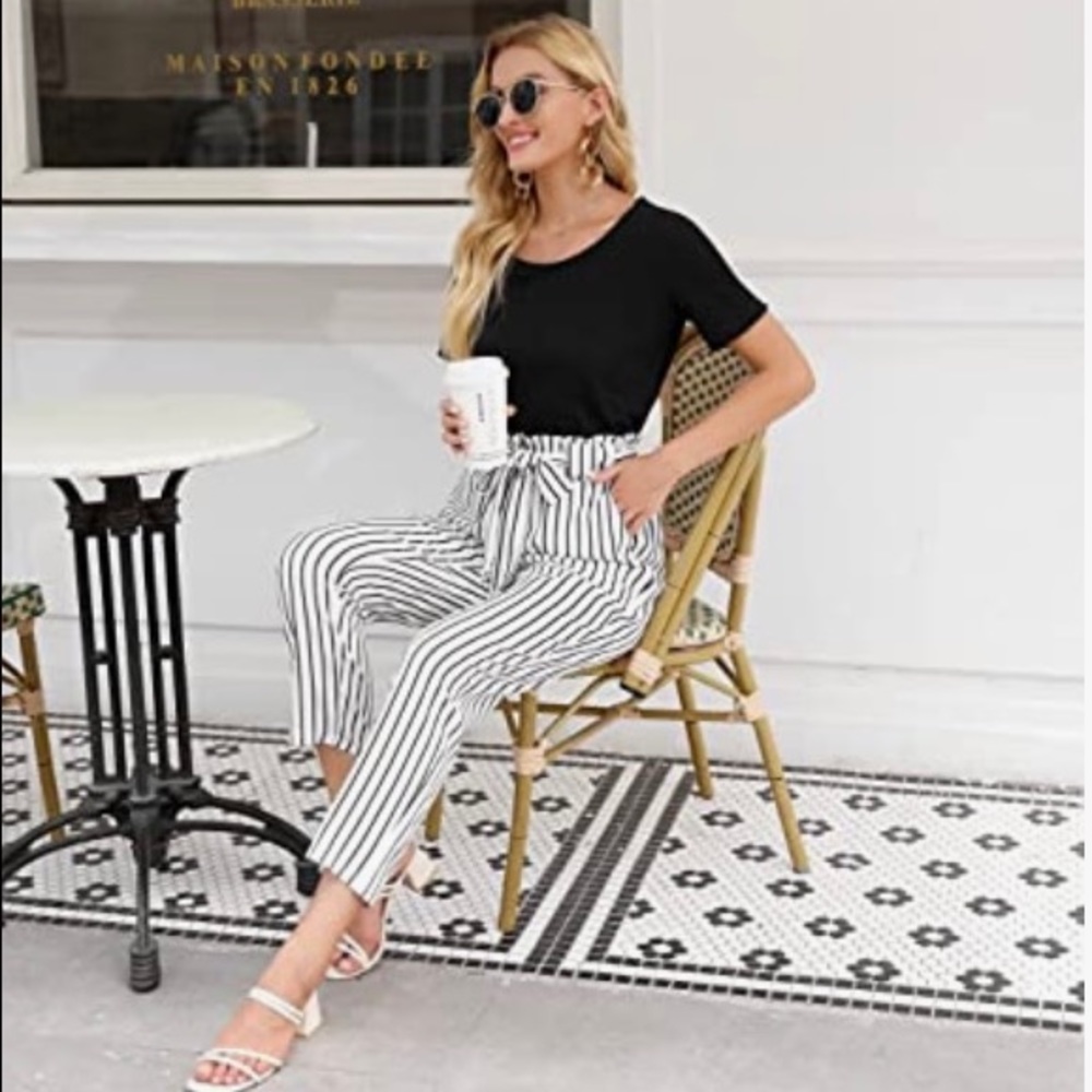 Striped, High Waist, Paper Bag Pants